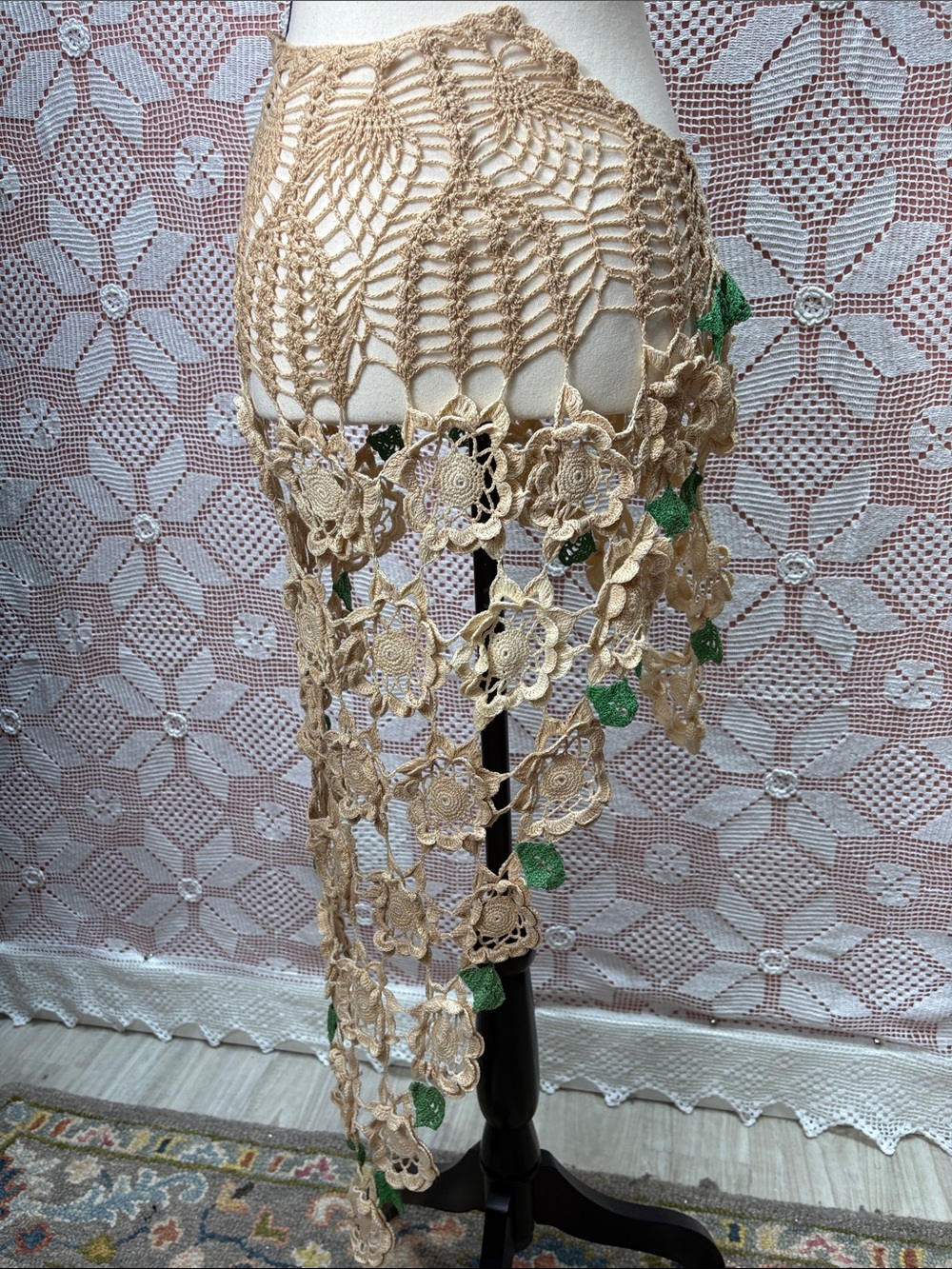 Crochet Floral Boho Hip Scarf Belt with Brooch - Picture 6 of 11